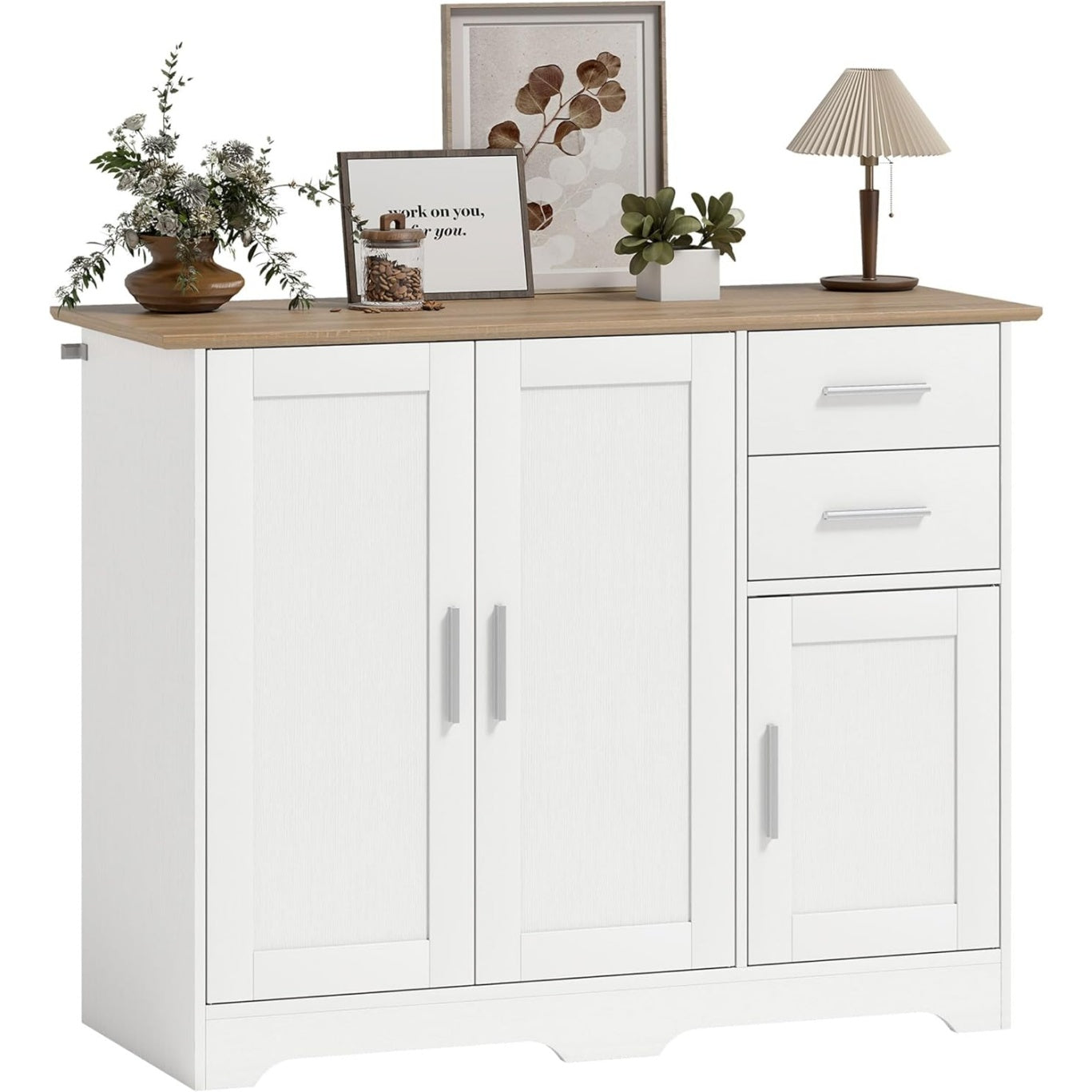 Credenza da Cucina con 2 Cassetti 3 Ante e Ripiani Regolabili Bianco e Finitura Legno