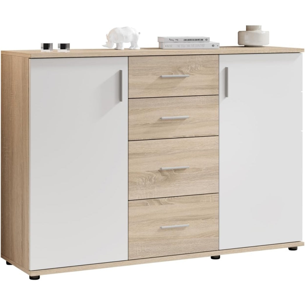 Credenza per Soggiorno con 2 Ante e 4 Cassetti Rovere Bianco