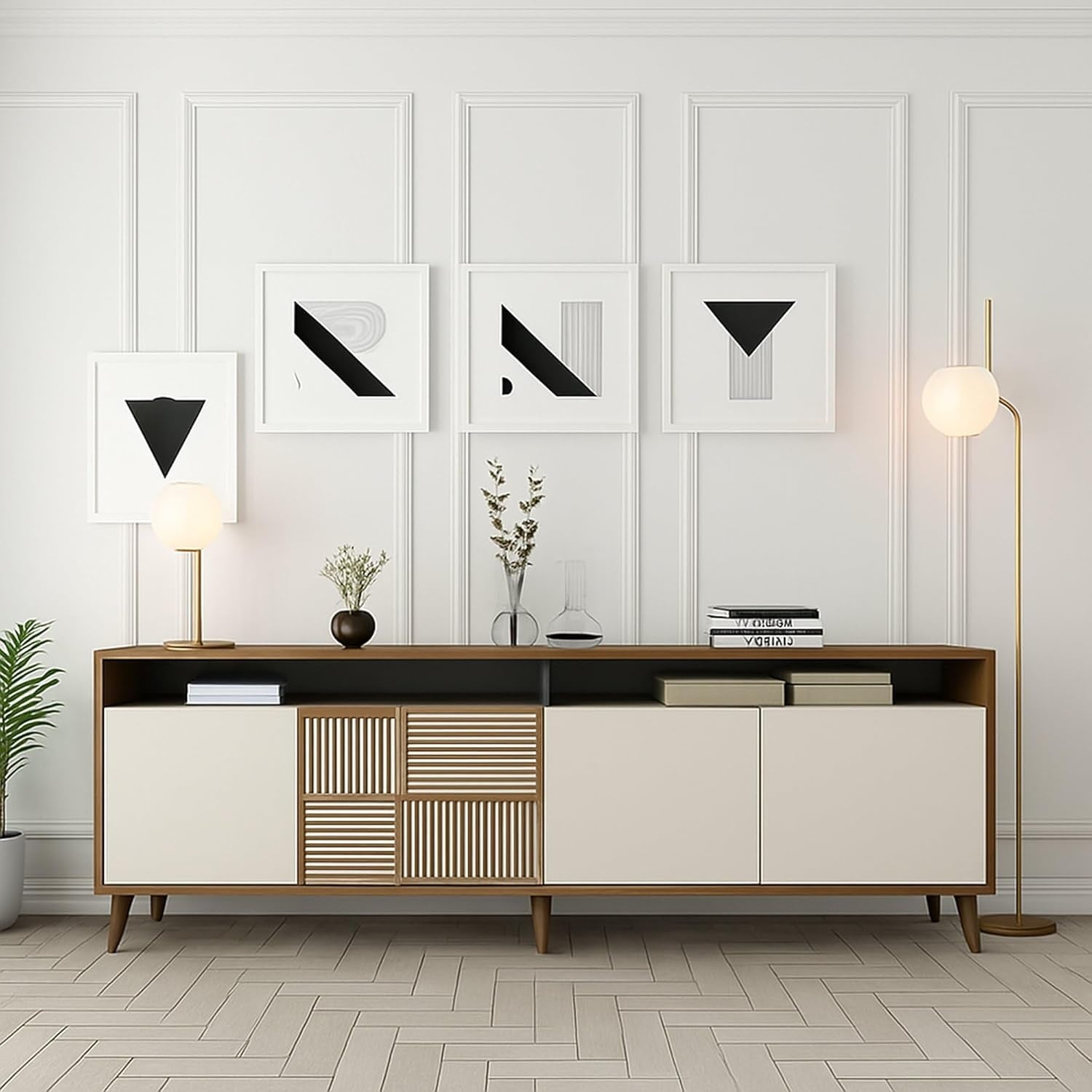 Credenza Buffet con Ampio Spazio Contenitore Noce e Crema