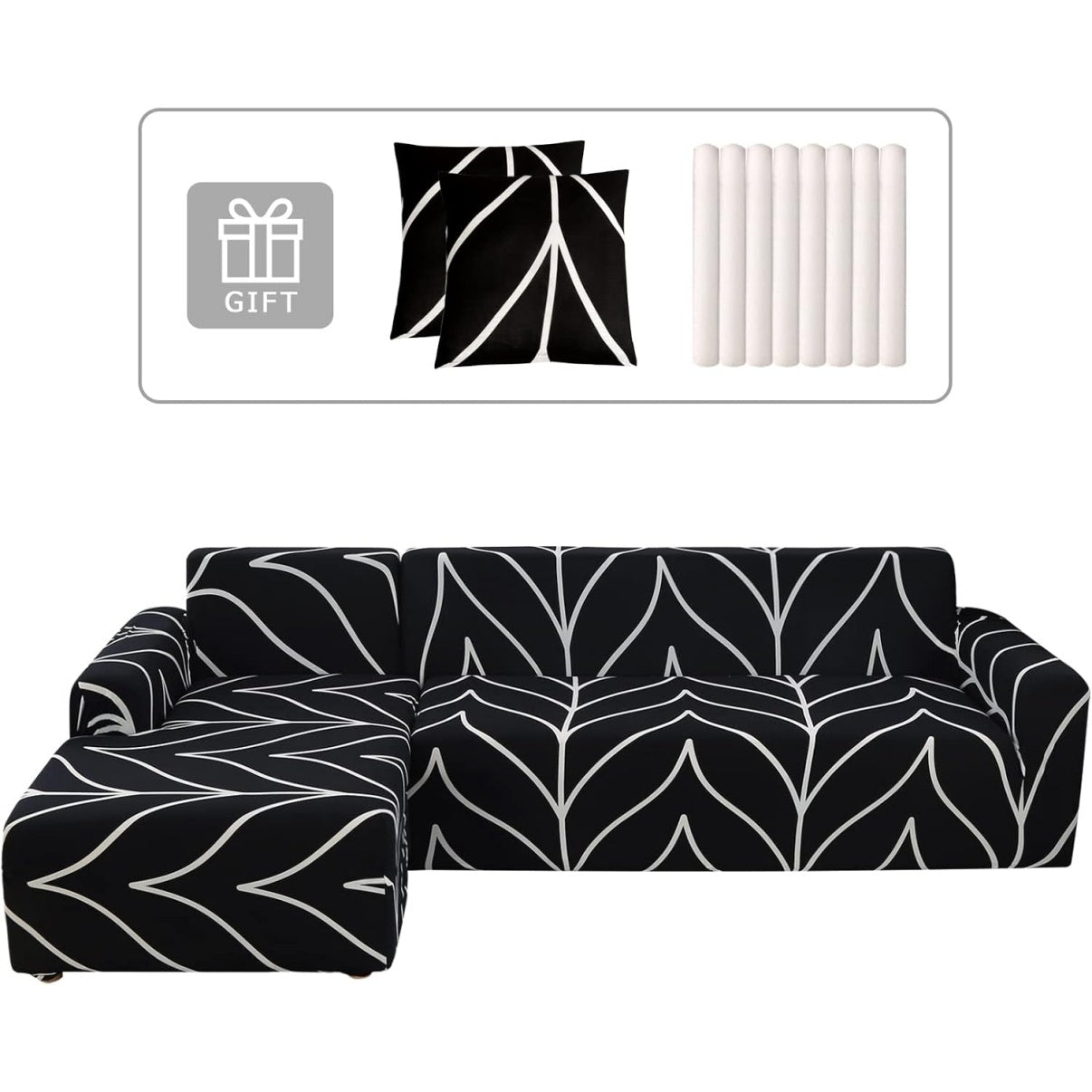 Rivestimento Elasticizzato per Divano Angolare con Chaise Longue Destra o Sinistra Completo di Due Federe Fantasia Linea Nera