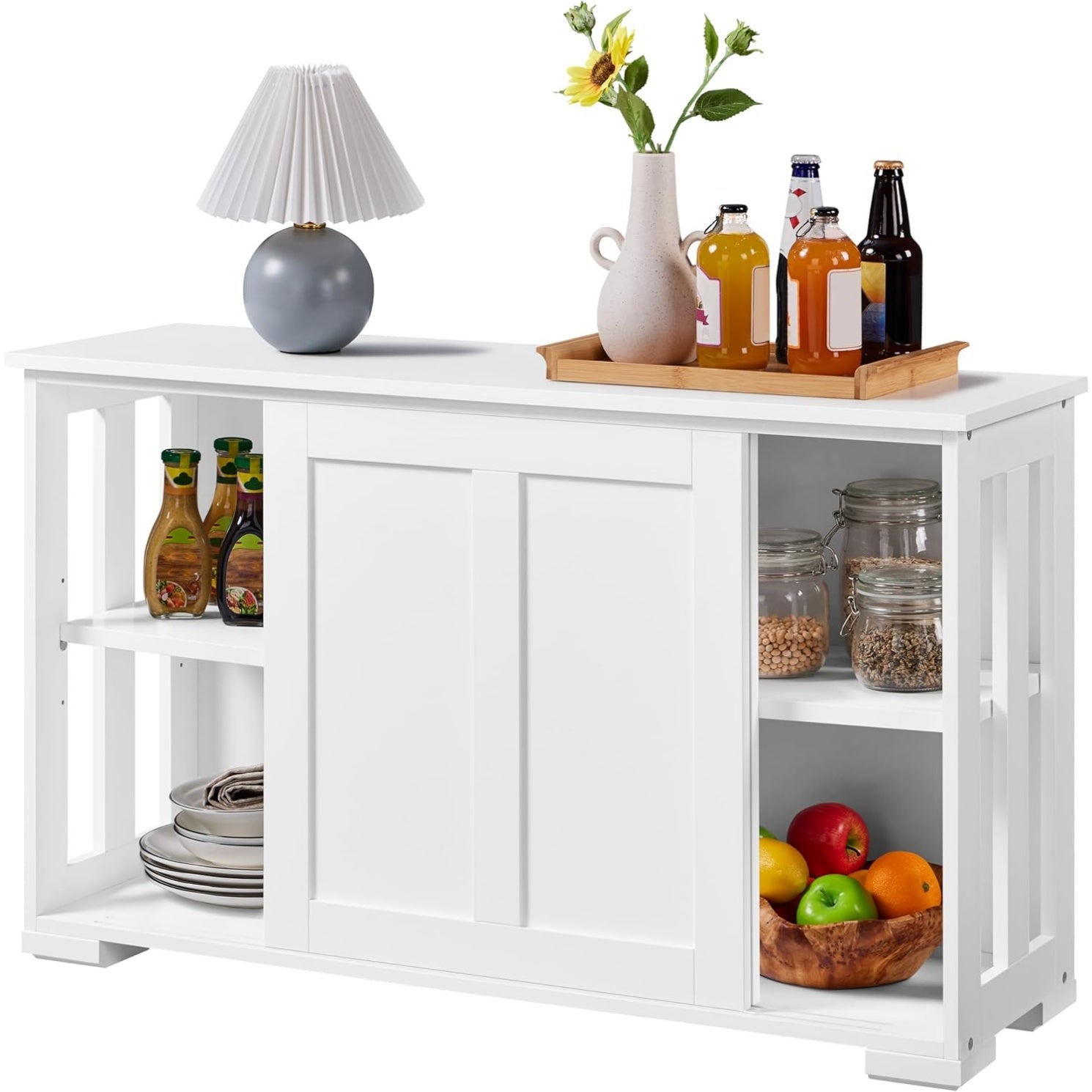 Credenza con 2 Ante Scorrevoli Ripiano Regolabile Mobile TV Multiuso Bianco