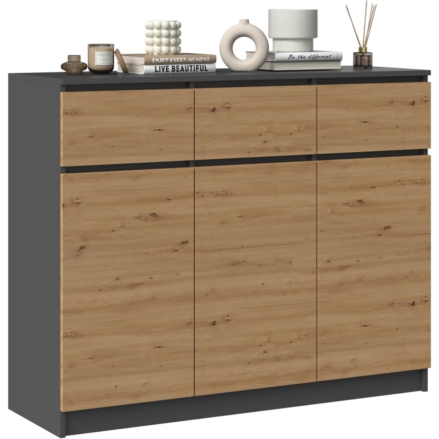 Madia Alta con 3 Ante e 3 Cassetti Design Minimal Rovere e Antracite