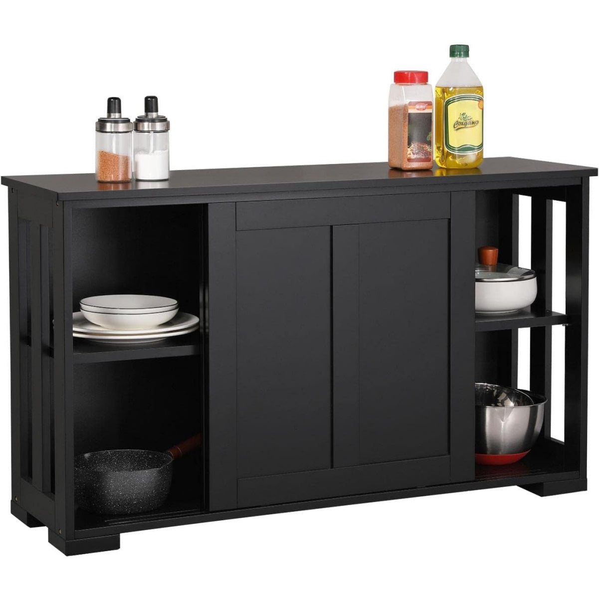 Credenza con Ante Scorrevoli Ripiano Regolabile Mobile TV Nero